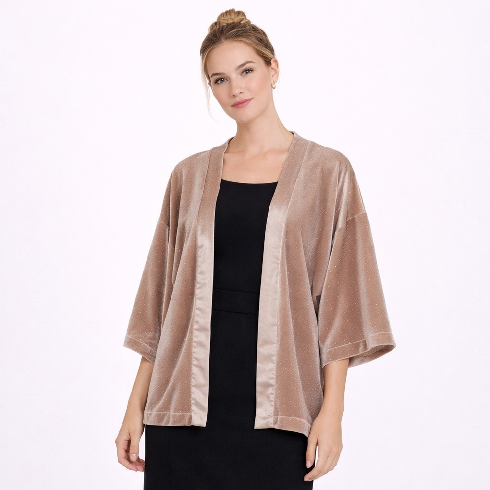 Women's Ann Taylor Kimono Open Short Sleeve Cardigan XS/S Beige Metallic